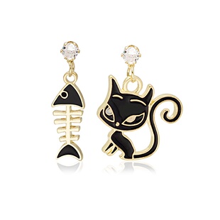 日韩卡通不对称猫咪鱼骨头耳环可爱甜美动物黑猫耳钉设计趣味耳饰