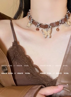 美式辣妹蝴蝶项链美拉德色复古choker颈环小众高级感皮革锁骨链女