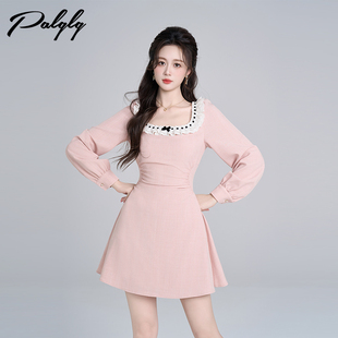 甜美拼接蕾丝法式 小香风掐腰千金风a字裙子 粉色方领连衣裙女春装