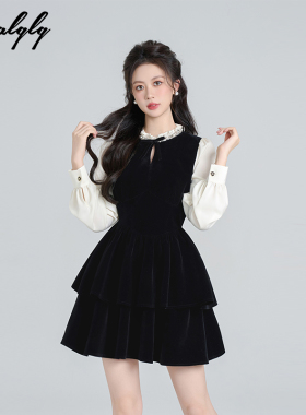 赫本风黑色丝绒假两件连衣裙女秋季富家大小姐气质韩系蓬蓬蛋糕裙