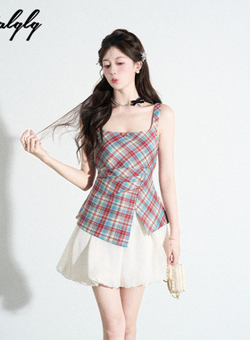 学院风红色格子背带连衣裙女夏季高级感褶皱掐腰显瘦假两件花苞裙