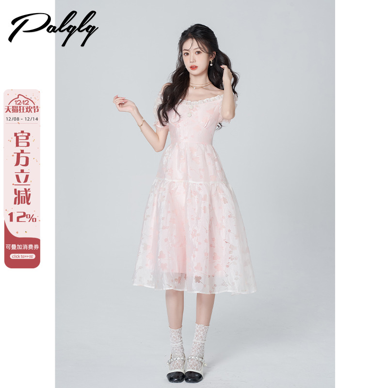 一字肩气质法式初恋甜美公主裙子