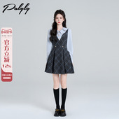 法式 娃娃领假两件绝美连衣裙女冬季 小香风千金格子蓝色打底a字裙