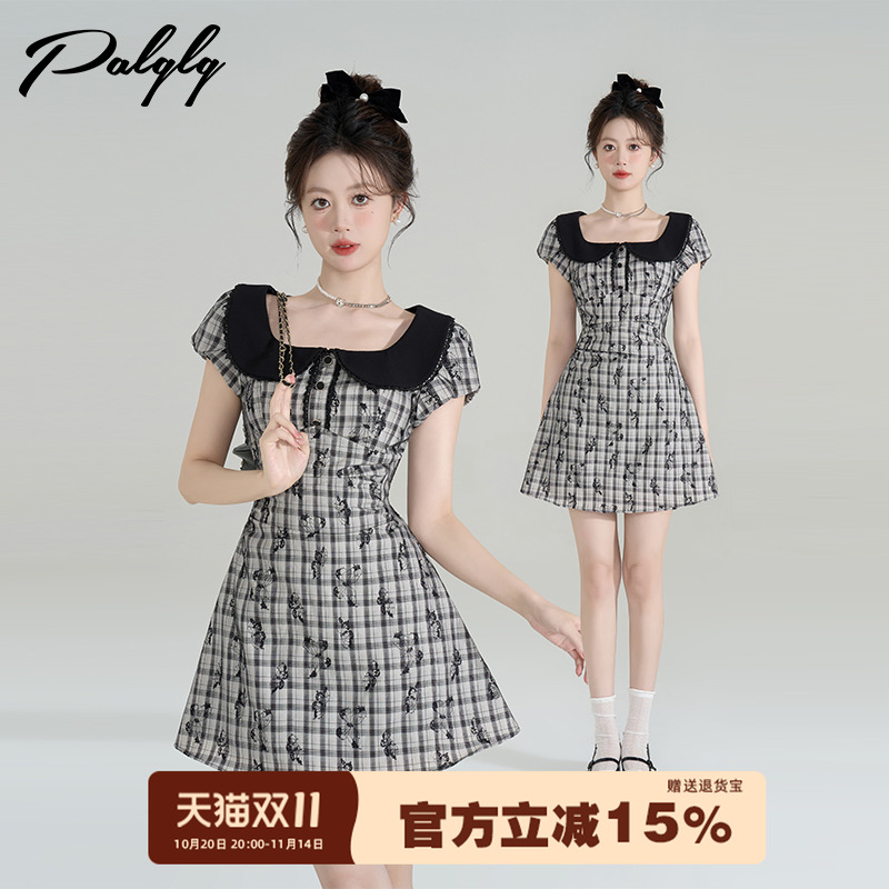 法式娃娃领格子泡泡袖连衣裙女