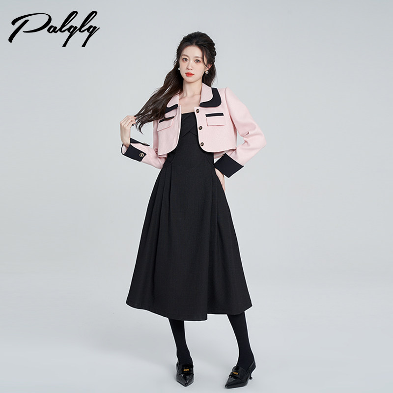 黑色小香风背带连衣裙女秋季图片