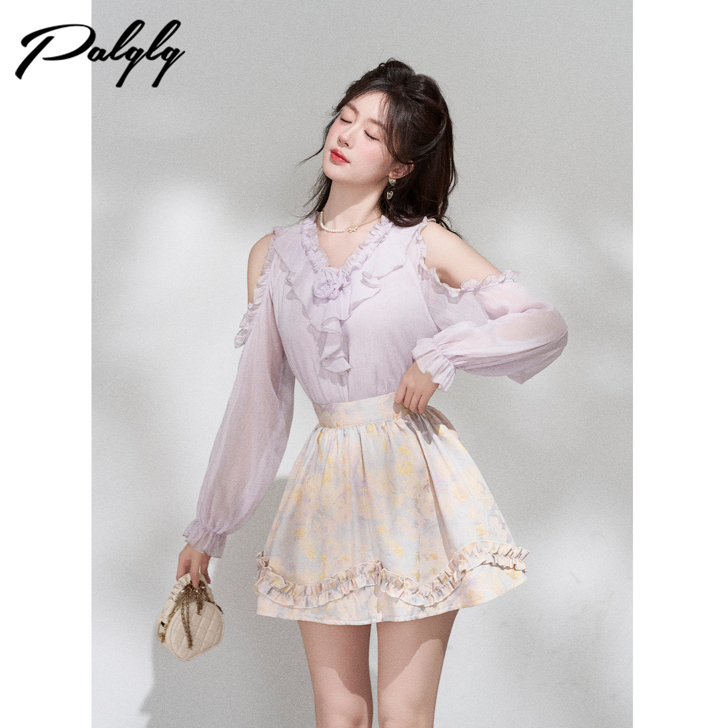 Palglg法式木耳边露肩紫色v领衬衫女春季高级感独特漂亮小衫上衣