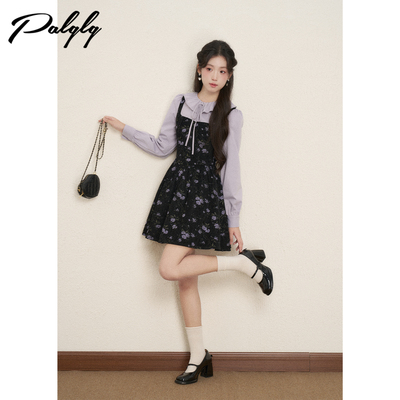 法式甜美风假两件紫色连衣裙女