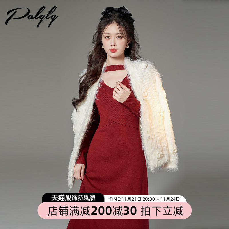 红色挂脖设计感镂空修身针织连衣裙秋冬新御姐范气质瘦瘦裙长裙女