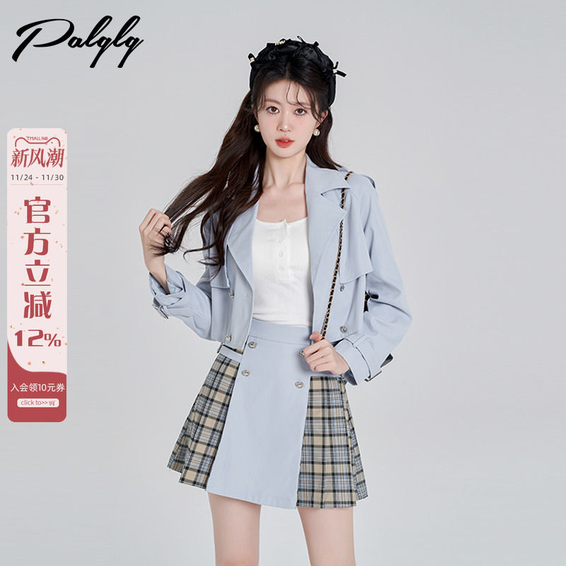 蓝色西装领短款风衣外套女