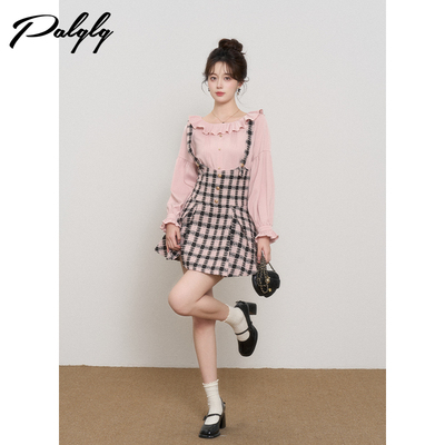学院风粉色格子背带连衣裙女秋冬
