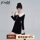 赫本风娃娃领黑色丝绒连衣裙女冬装 气质名媛拼接蕾丝裙 高级感法式
