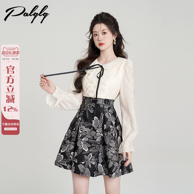 娃娃领荷叶边甜美长袖连衣裙女