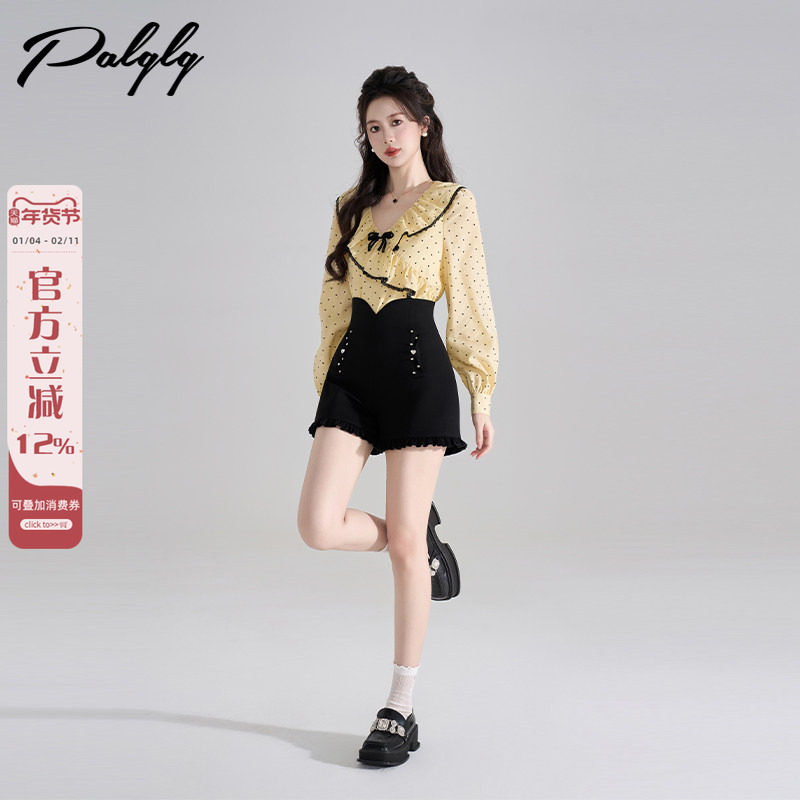 法式荷叶边v领波点黄色衬衫女2025年秋季韩系小香风小衫别致上衣,女装/女士精品,衬衫,淘宝优惠券,粉丝福利购,淘宝优惠卷