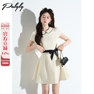 娃娃领甜美杏色波点连衣裙女夏季 掐腰miu系小洋裙a字裙 小香风法式