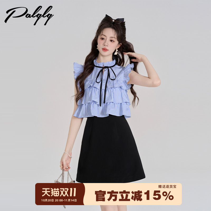 韩系甜美系带荷叶边小飞袖连衣裙