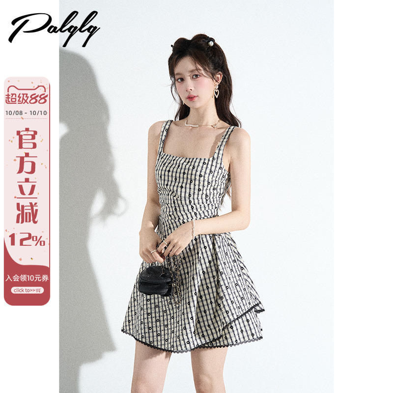 法式蕾丝边黑白格子吊带连衣裙女