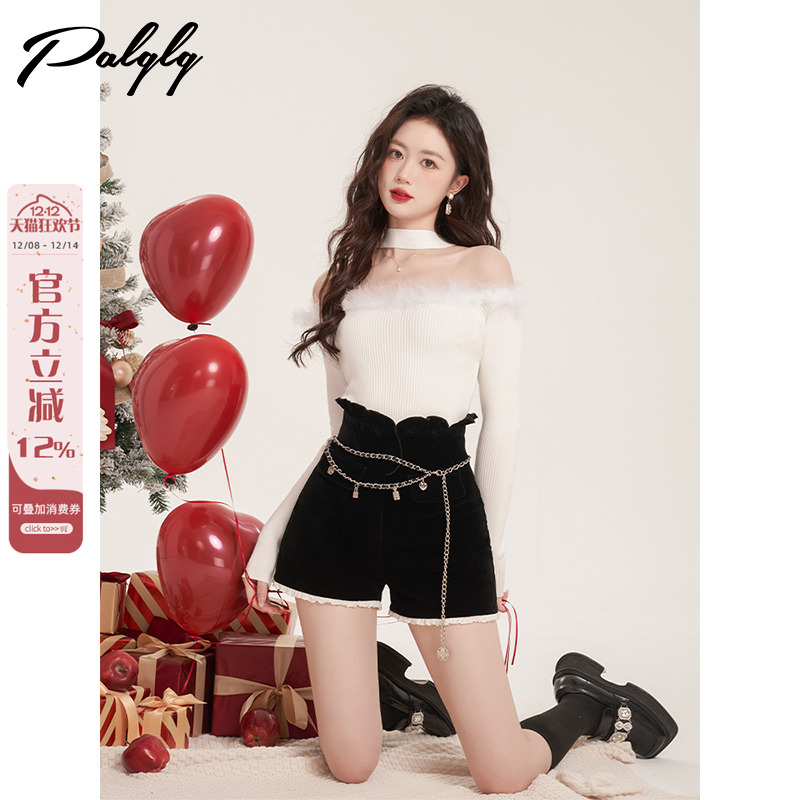 小香风红色一字肩针织衫