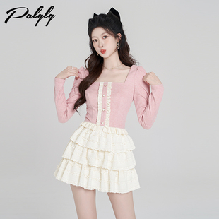 2024年新款 法式 春季 半身裙套装 小个子套裙两件套 小香风粉色针织衫