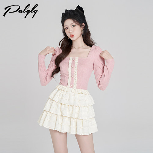 法式小香风粉色针织衫半身裙套装