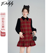Palglg小香风圣诞穿搭红色格子连衣裙女冬季 拼接丝绒直筒娃娃裙子