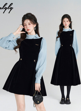 Palglg高级感黑色丝绒赫本连衣裙女冬季假两件miu系千金风收腰裙