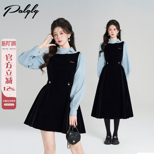 Palglg高级感黑色丝绒赫本连衣裙女冬季 假两件miu系千金风收腰裙