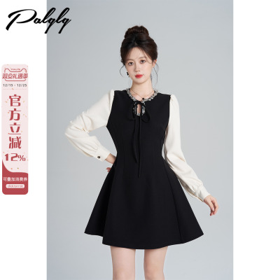 法式富家千金风假两件黑色连衣裙