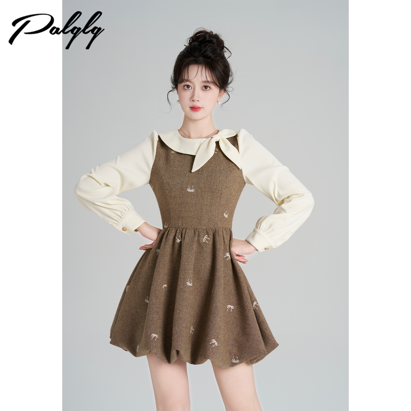 法式假两件咖色花苞连衣裙女冬季