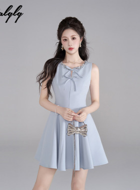 小香风重工蓝色无袖背心连衣裙女夏季掐腰miu系千金风荷叶边伞裙