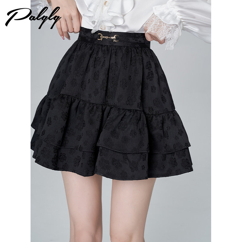 甜美百搭高腰半身裙女秋季新款黑色短裙提花蓬蓬裙子高级感蛋糕裙