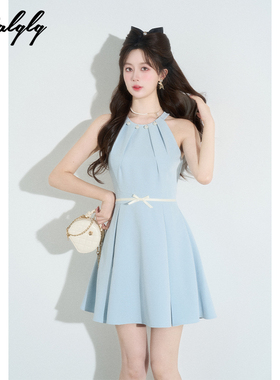 法式miu系初恋蓝色挂脖连衣裙女夏季富家千金风无袖a字裙子小洋裙