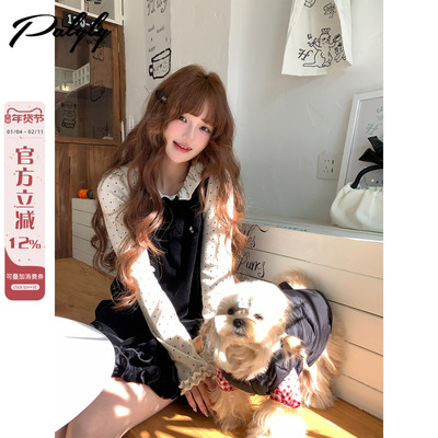 甜美风黑色丝绒背心连衣裙女冬季