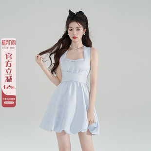 气质收腰花苞公主裙 法式 palglg蓝色甜美方领连衣裙女夏季 2024新款