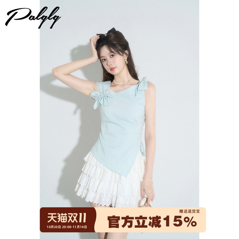 设计感小众蓝色无袖衬衫女