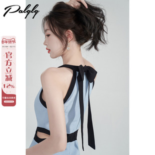 小香风蓝色蝴蝶结挂脖收腰连衣裙女装2025年新款夏日绝美露腰裙子