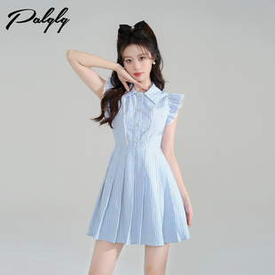新款 复古高级夏季 设计感小个子百褶裙子 连衣裙法式 蓝色条纹飞飞袖