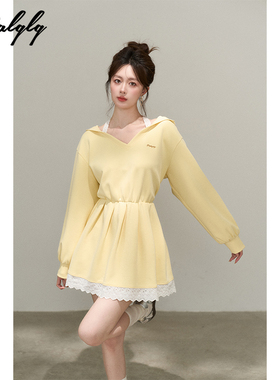 设计感小众黄色连帽卫衣连衣裙女秋装掐腰显瘦蕾丝边休闲a字裙子