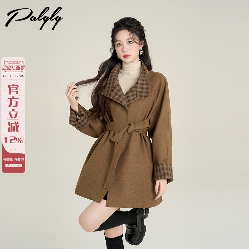 咖啡色中长款小个子毛呢外套