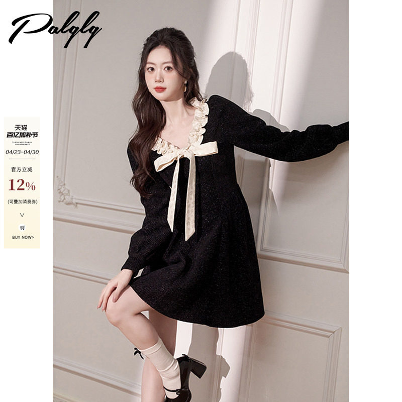 赫本风黑色v领针织连衣裙女冬季小香风气质蝴蝶结亮丝毛衣打底裙