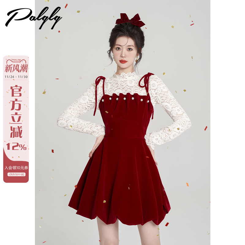 小香风红色珍珠吊带连衣裙女