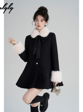 Palglg富家千金风法式黑色毛呢外套女冬季加厚毛领韩版中长款大衣