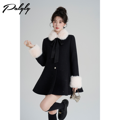 富家千金风法式黑色毛呢外套女冬