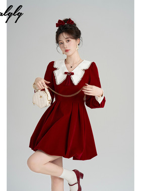 Palglg圣诞娃娃领红色丝绒连衣裙女冬季高级感小香风收腰花苞短裙