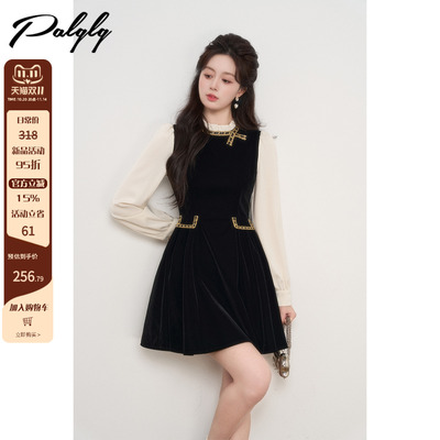 法式假两件立领黑色丝绒连衣裙女