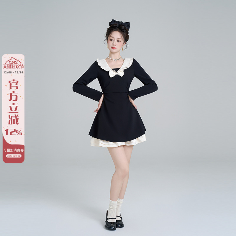 法式黑色娃娃领收腰长袖连衣裙女