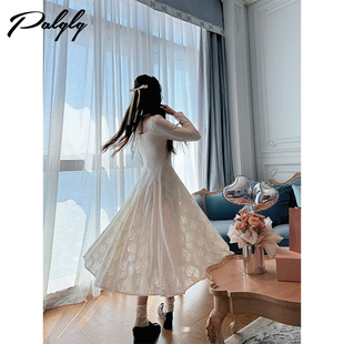 a字裙 蕾丝镂空收腰内搭长裙法式 温柔风杏色方领长款 连衣裙女秋季