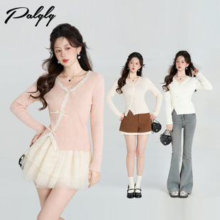 两件129元 修身 设计感拼接蕾丝v领针织衫 法式 打底衫 上衣女冬季