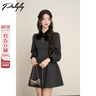 法式 高级感小香风甜美加厚大摆a字裙 miu系灰色波点连衣裙女秋冬装