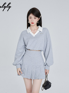 V领灰色短款卫衣女薄款春秋2023新款爆款小个子显瘦抽绳休闲上衣