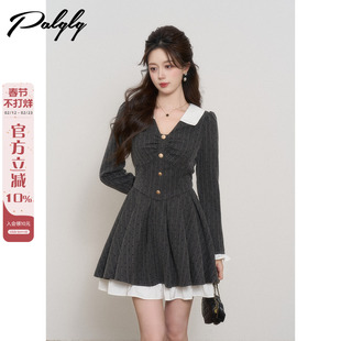 miu系穿搭法式灰色v领波点连衣裙女秋季小香风收腰学院风a字短裙